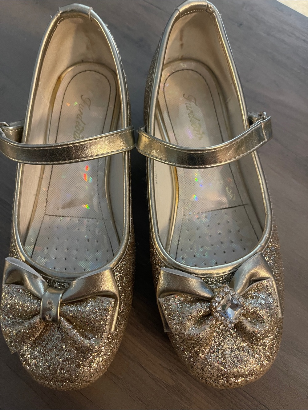 Girls Gold Glitter Mary Jane Shoes with Decorative Bow